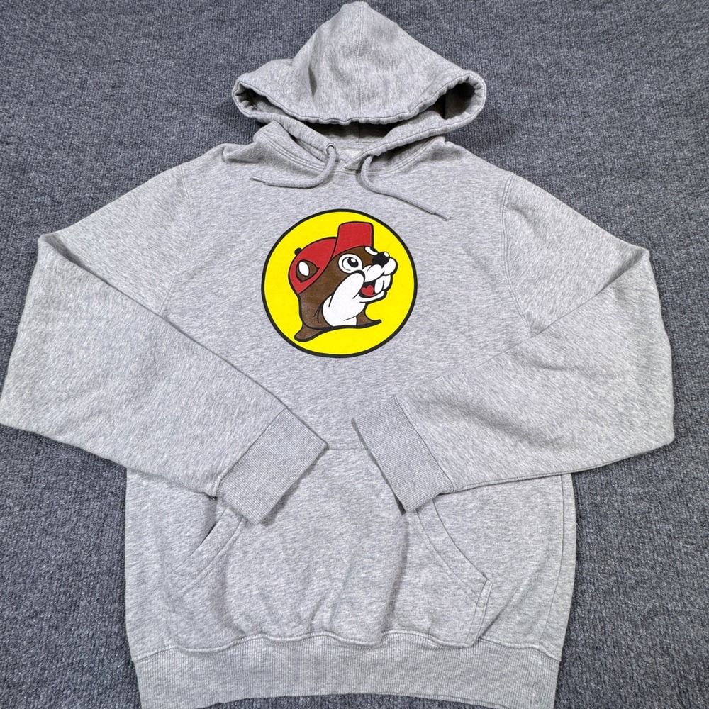 Buc-ee's Beaver Logo Graphic Hoodie Gray Cotton Blend Pullover Sweatshirt Small